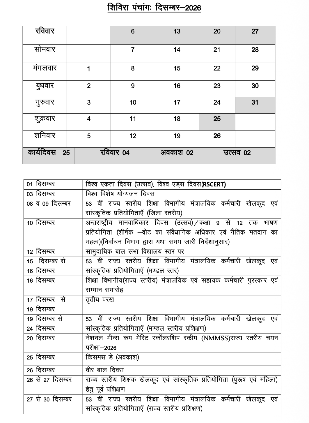 Original Shivira Panchang December 2026 image showing the calendar grid and event details